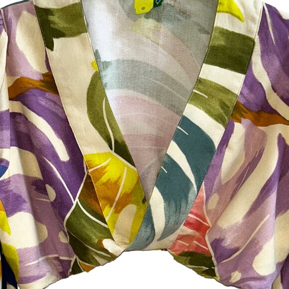 Farm Rio Tropical Multicolor Puff Sleeve Cropped Wrap Blouse Top Designer Small - Picture 2 of 5